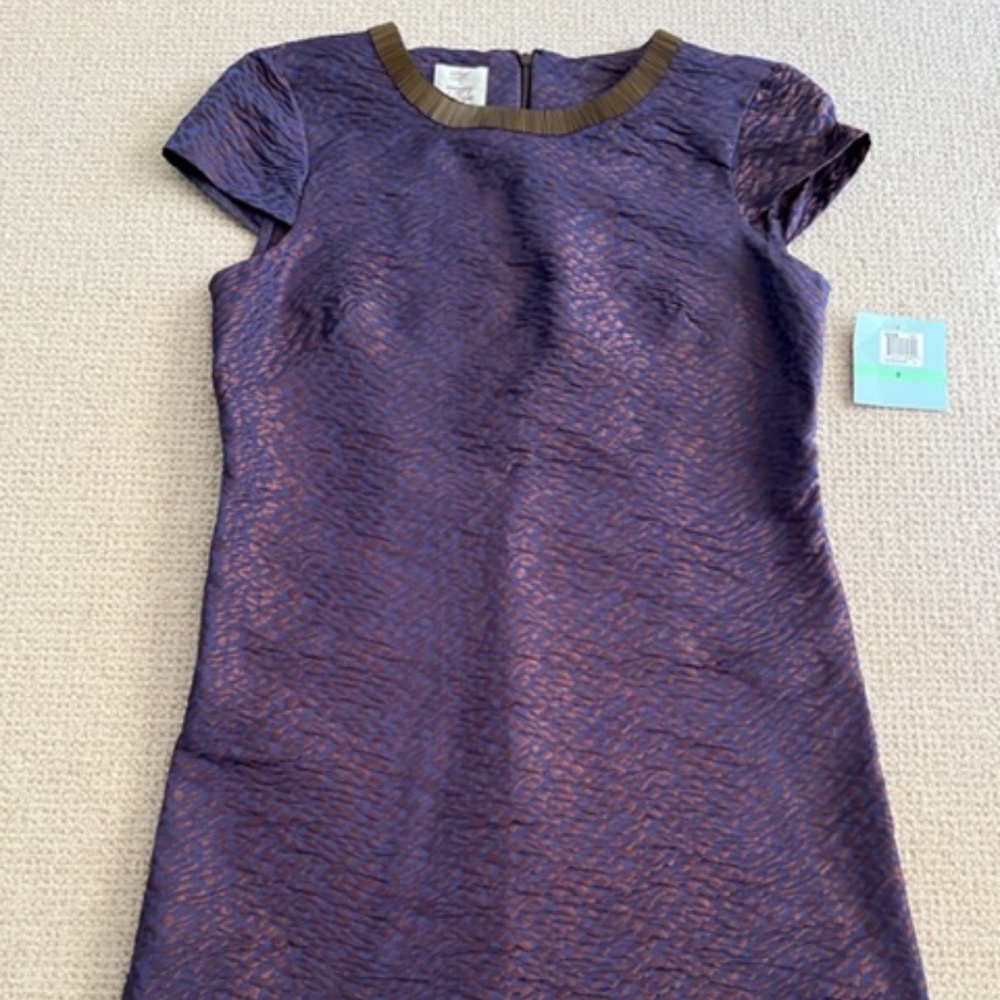 Navy/copper metallic shift style dress w/capped sleeves and metal beaded necklin